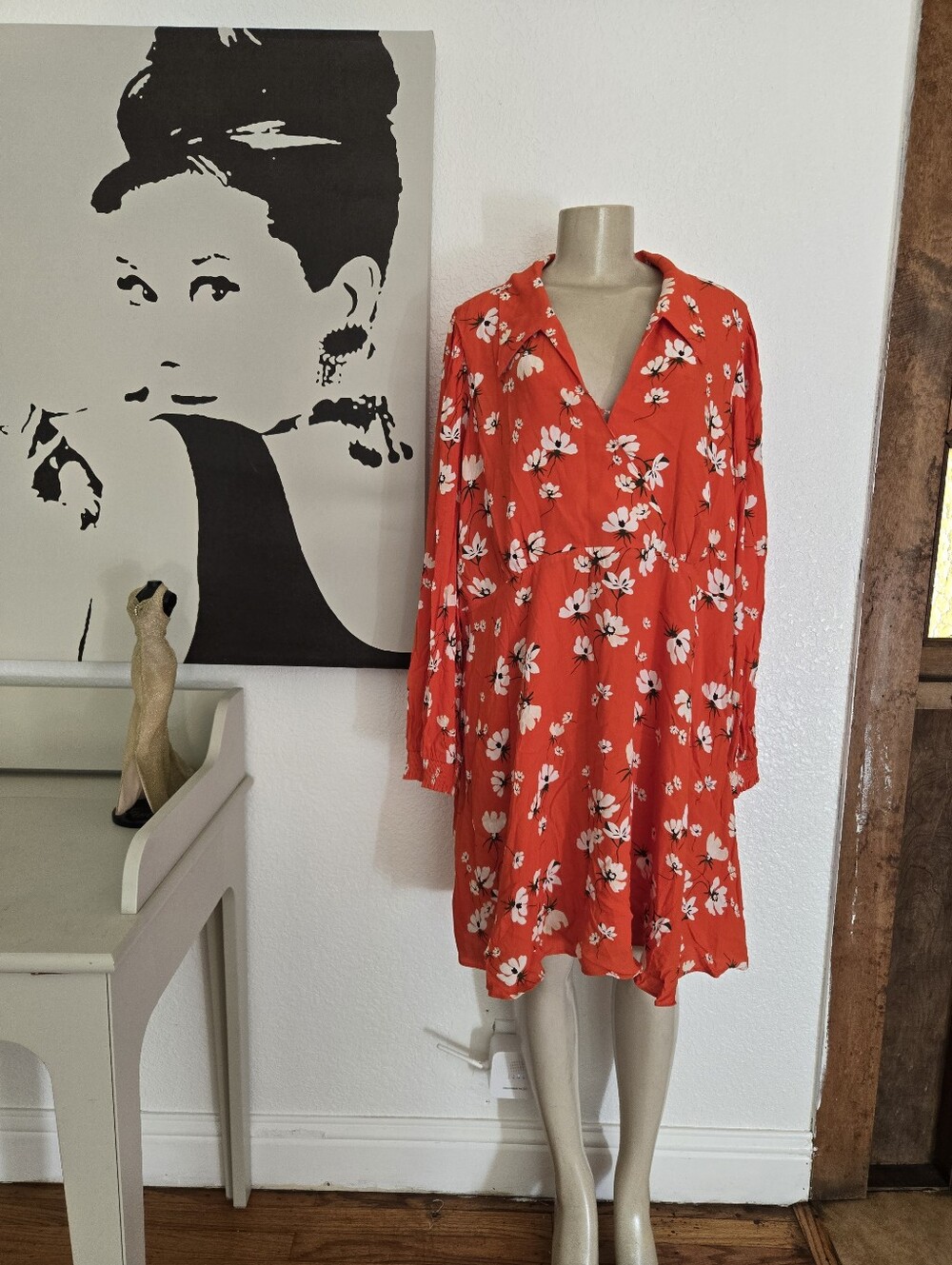 NWT Women's ON 34th Orange Floral V-Neck Long-Sleeve Dress Top Size 18W